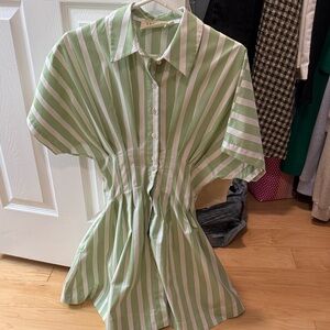 green emerald velvet dress Anthropologie Dress Womens 0 Green Button Up Long Sleeve Belted White Striped main image 0